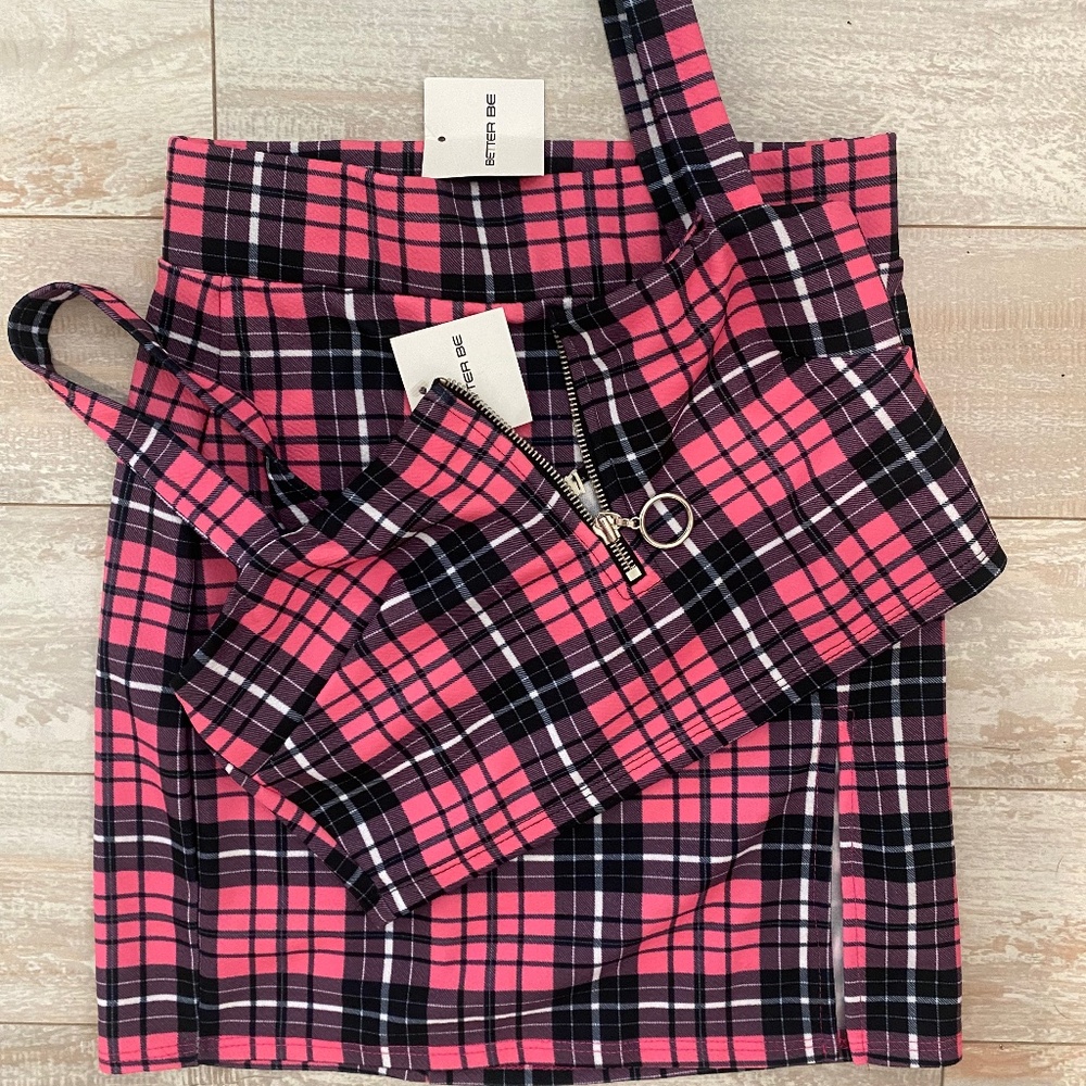PINK AND BLACK PLAID 2 PIECE SKIRT SET